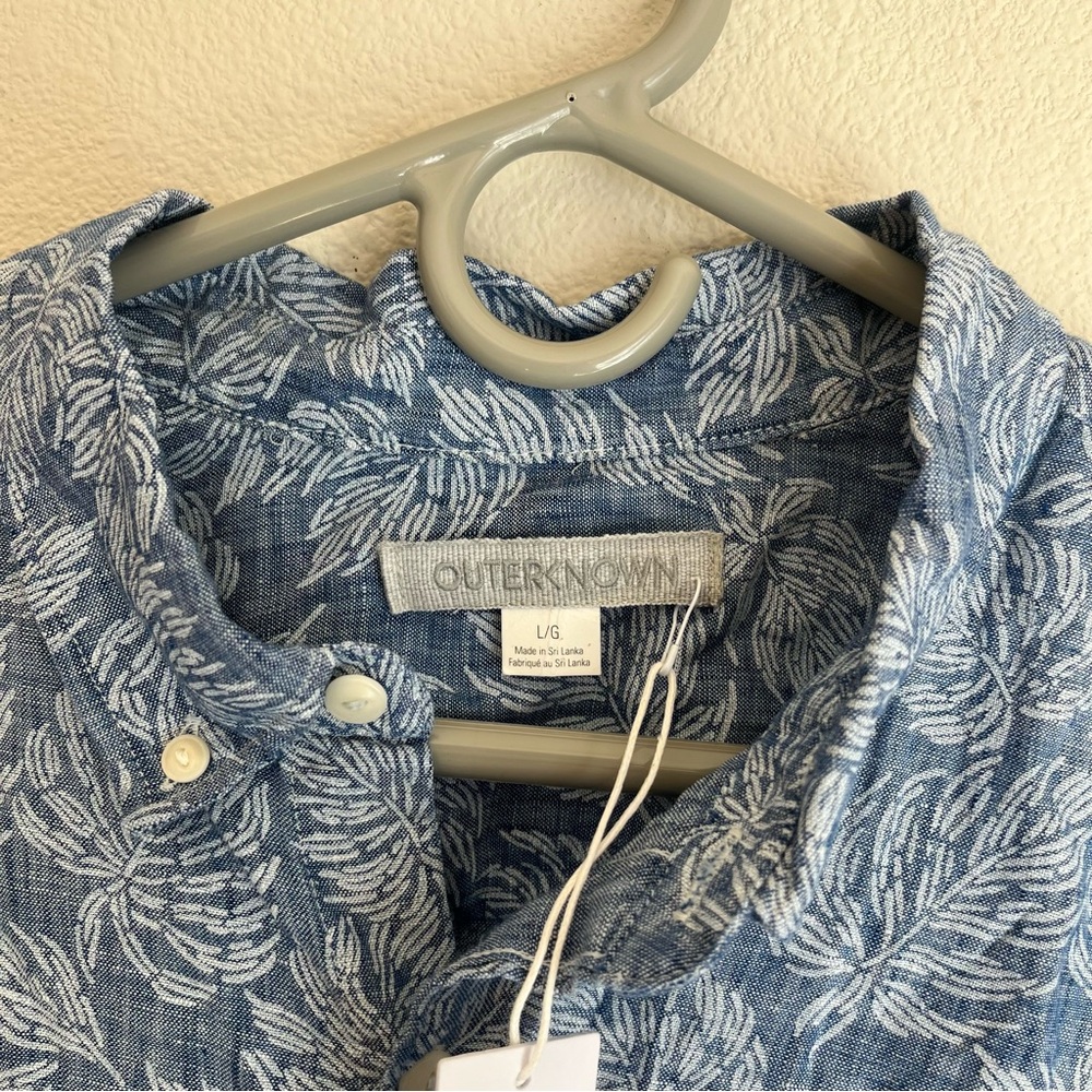 Outerknown Shirt Mens Large Blue Brown Short Sleeve Button Up Leaves Linen - Picture 2 of 7